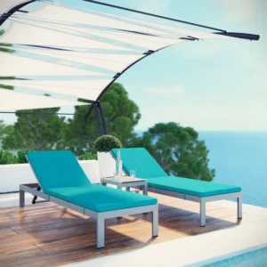 3 Piece Silver Aluminum Patio Chaise & Table Set Aqua Cushions