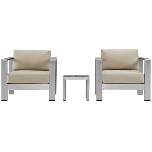 3 Piece Silver Aluminum Patio Set Beige Fabric Cushions