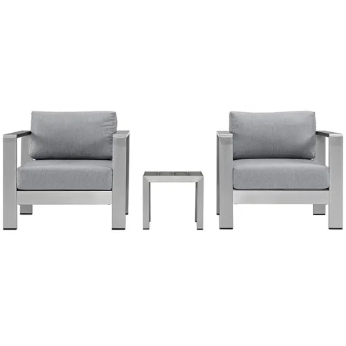 3 Piece Silver Aluminum Patio Set Grey Fabric Cushions