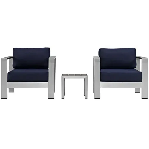 3 Piece Silver Aluminum Patio Set Navy Fabric Cushions