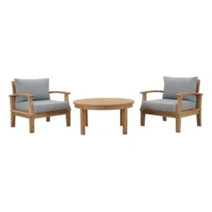 3 Piece Teak Outdoor Patio Set Grey Fabric Cushions
