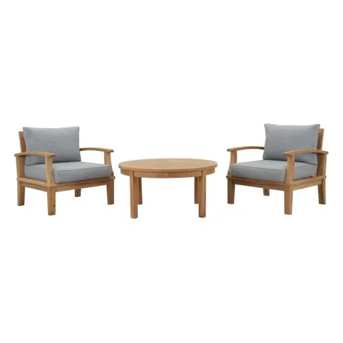 3 Piece Teak Outdoor Patio Set Grey Fabric Cushions