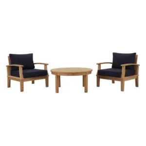 3 Piece Teak Outdoor Patio Set Navy Fabric Cushions