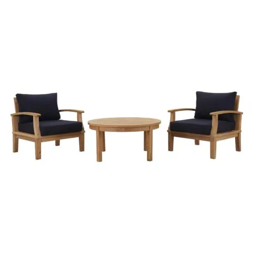 3 Piece Teak Outdoor Patio Set Navy Fabric Cushions