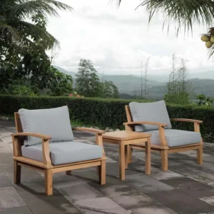 3 Piece Teak Patio Set Grey Fabric Cushions