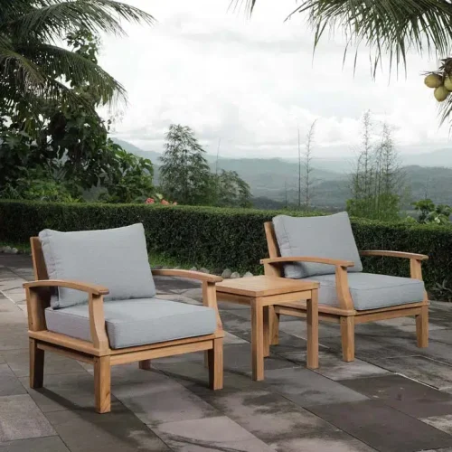 3 Piece Teak Patio Set Grey Fabric Cushions