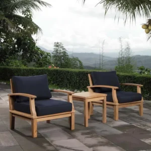 3 Piece Teak Patio Set Navy Fabric Cushions