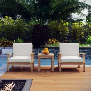 3 Piece Teak Patio Set White Fabric Cushions