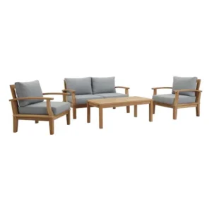 4 Piece Teak Outdoor Patio Set Grey Fabric Cushions