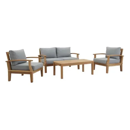 4 Piece Teak Outdoor Patio Set Grey Fabric Cushions
