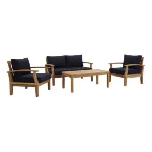 4 Piece Teak Outdoor Patio Set Navy Fabric Cushions