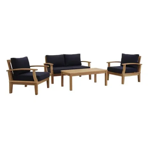 4 Piece Teak Outdoor Patio Set Navy Fabric Cushions