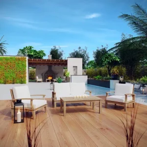 4 Piece Teak Outdoor Patio Set White Fabric Cushions