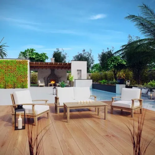 4 Piece Teak Outdoor Patio Set White Fabric Cushions