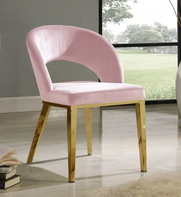 Pink Velvet Modern Rounded Back Accent Dining Chair Gold Legs