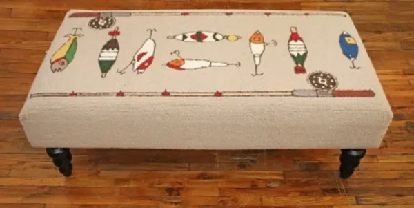 Fishing Rod & Lure Ottoman Bench Hand Hooked Rug