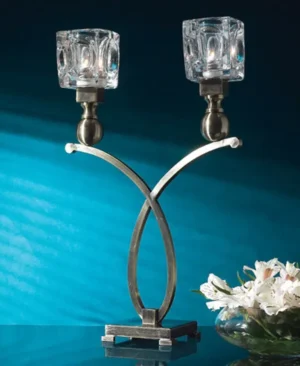Double Candle Holder Silver Metal & Glass