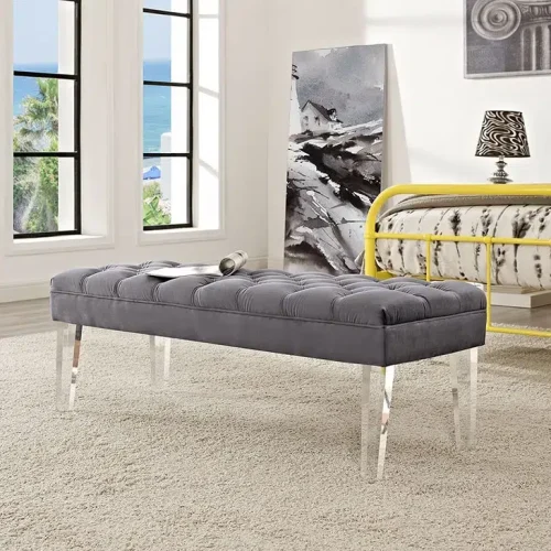 Acrylic Leg Velvet Tufted Bench In Grey