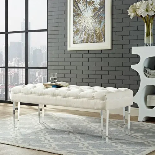 Acrylic Leg Velvet Tufted Bench In Ivory