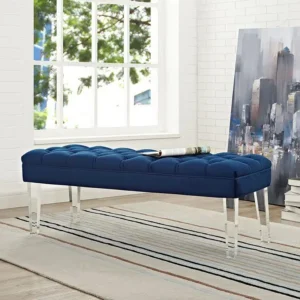 Acrylic Leg Velvet Tufted Bench In Navy