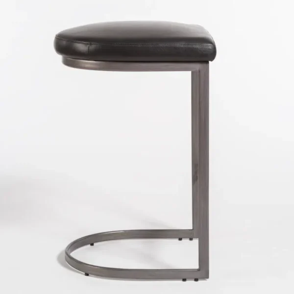 C Shaped Burnished Silver Metal & Black Leather Stool