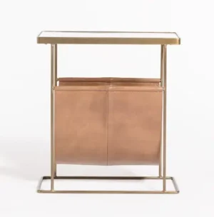 Tan Leather Marble & Iron Magazine Holder Accent Side Table