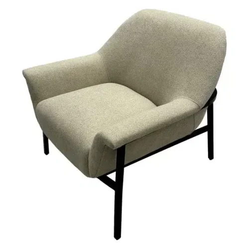 Beige Fabric Curved Back Black Metal Frame Accent Chair