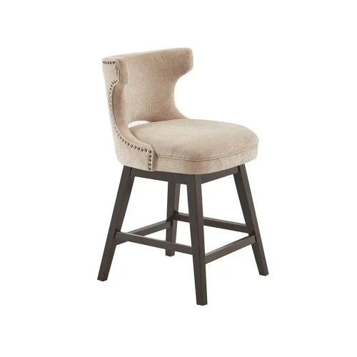 Beige Fabric Dark Wood Bronze Detailing Swivel Counter Stool