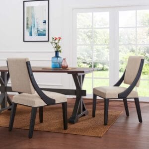Beige Fabric Dark Wood Sloped Side Arm Dining Chairs Set of 2