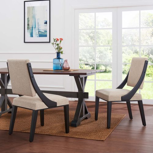 Beige Fabric Dark Wood Sloped Side Arm Dining Chairs Set of 2