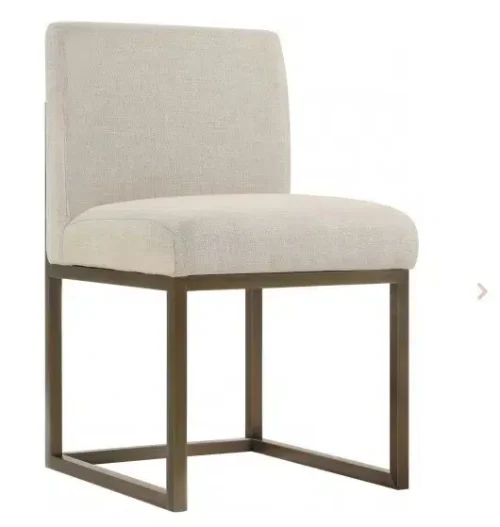 Beige Linen Dark Brass Squared Base Dining Accent Chair