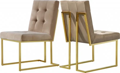 Beige Velvet Modern Boxy Geometric Dining Chair Gold Legs Set of 2