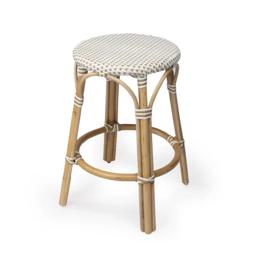 Beige & White Woven Rattan Backless Counter Stool
