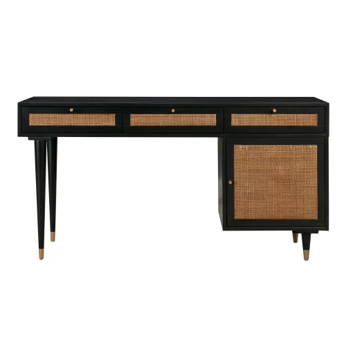 Black Desk with Natural Rattan Cane Accents