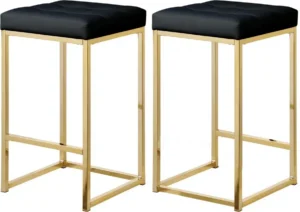 Black Faux Leather Tufted Backless Counter Stool Gold Base Set 2