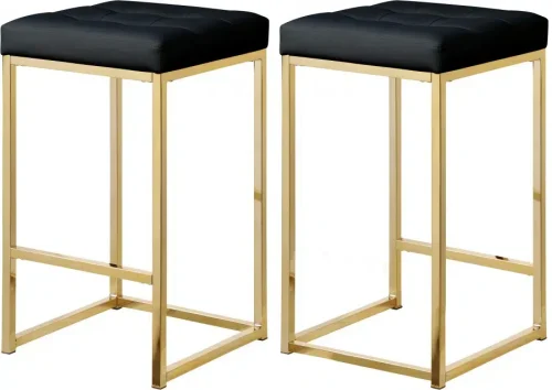 Black Faux Leather Tufted Backless Counter Stool Gold Base Set 2