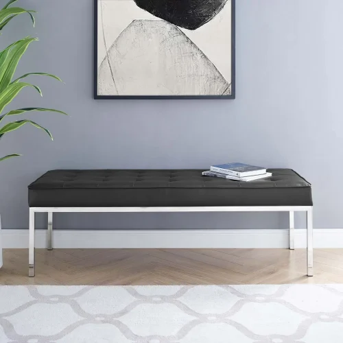 Black Faux Leather Tufted Stainless Steel Leg Bench