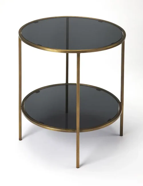 Black Glass Antique Gold Base Round Bottom Shelf Accent Table