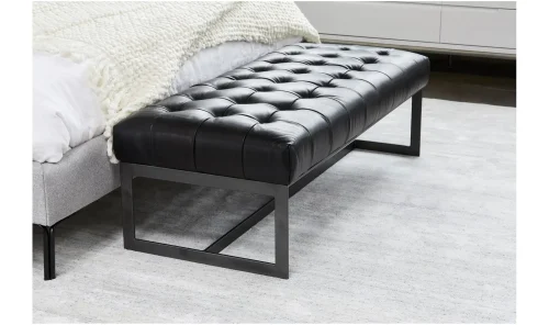 Black Tufted Leather Bench Iron Industrial Base
