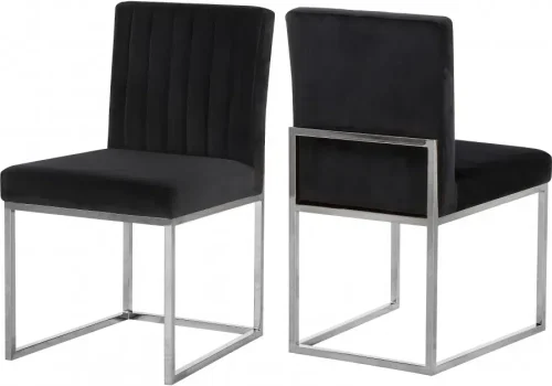 Black Velvet Accent Armless Dining Chair Silver Channel Tufting Set of 2