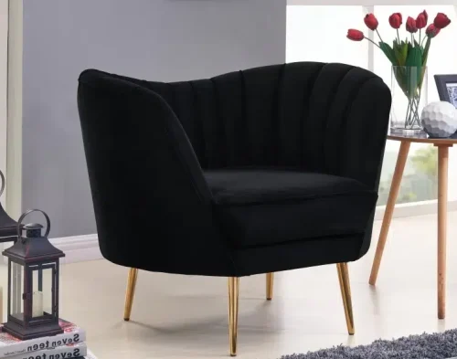 Black Velvet Channel Tufted Chair Gold Legs