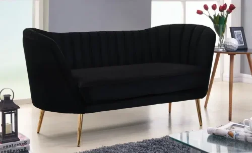 Black Velvet Channel Tufted Loveseat Sofa Gold Legs