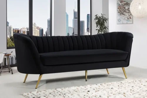 Black Velvet Channel Tufted Sofa Gold Legs