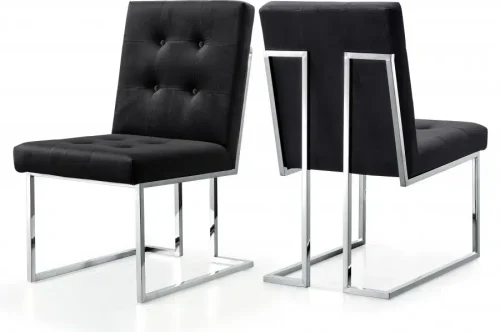 Black Velvet Modern Boxy Geometric Dining Chair Silver Legs Set of 2