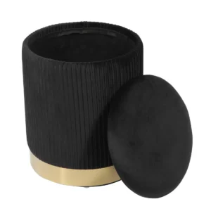 Black Velvet Pleated Ribbed Round Storage Footstool Ottoman Gold Base