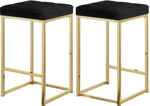 Black Velvet Tufted Backless Counter Stool Gold Base Set 2