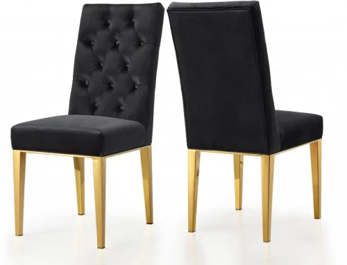 Black Velvet Tufted Dining Chair Gold Legs Set of 2