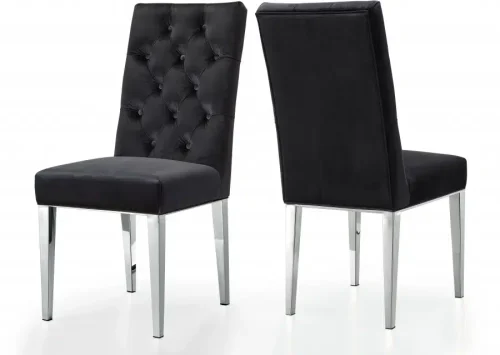 Black Velvet Tufted Dining Chair Silver Legs Set of 2