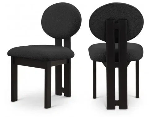 Black Wood and Black Boucle Fabric Contemporary Dining Chair Set 2
