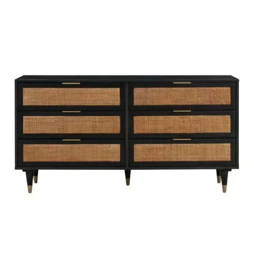 Black Wood Natural Rattan Cane 6 Drawer Dresser